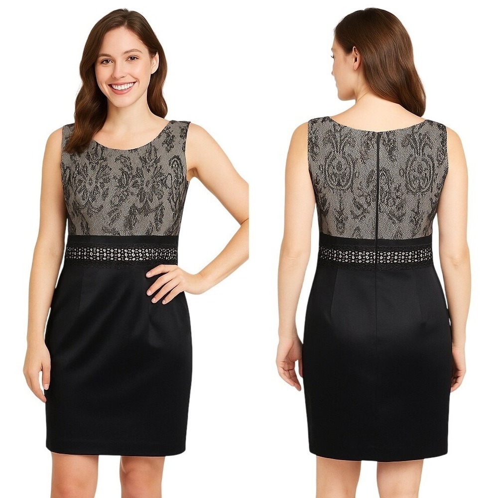 Jax Black Lace‎ Champagne Sheath Dress Size 6 Boat Neck Satin Crochet Waistband